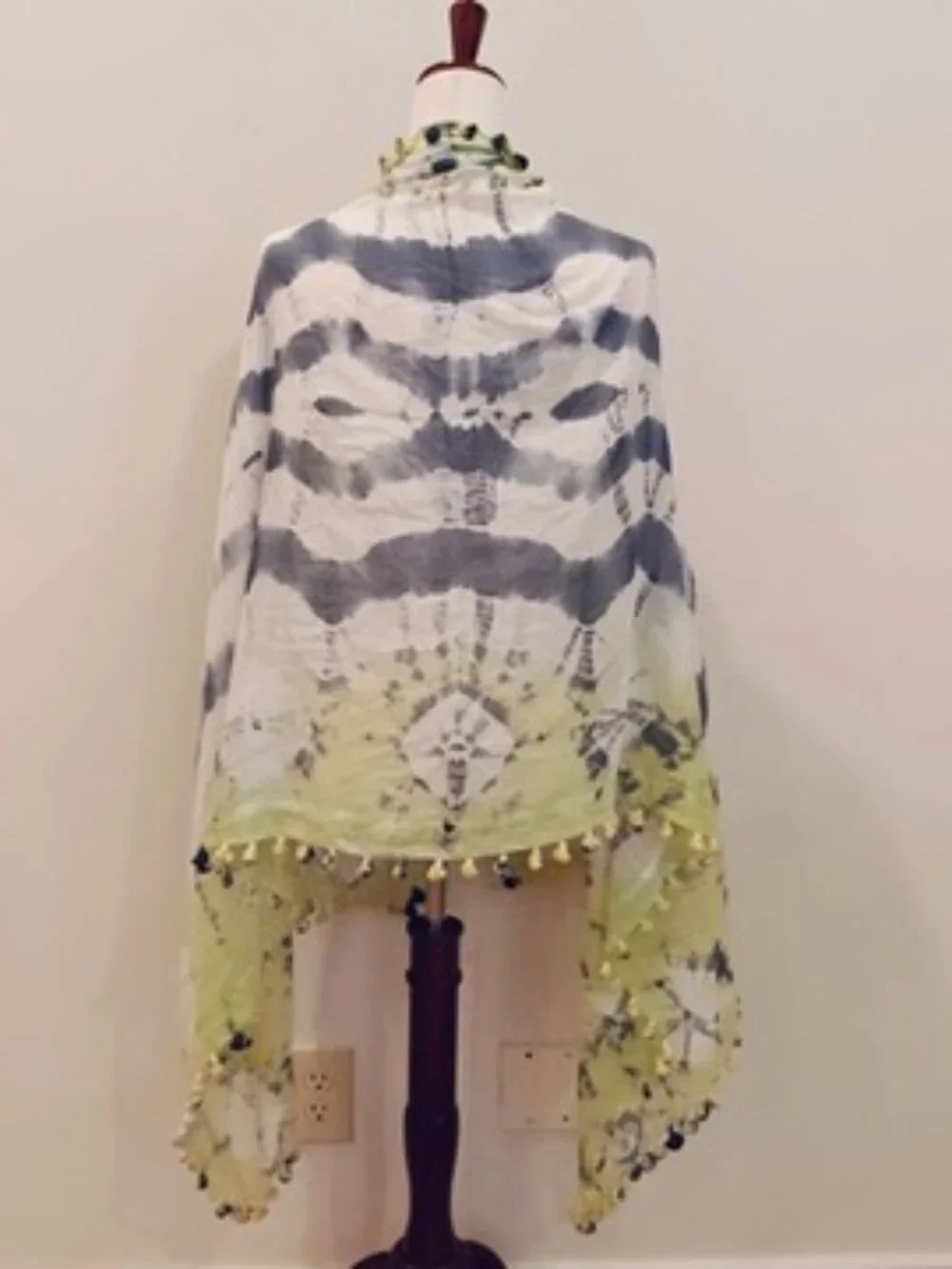 Aanya Silk Cotton Scarf Wrap Womens Lime Green Gray Shibori Tie Dye Tassel